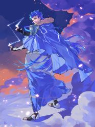 Rule 34 | 1boy, armor, blue hair, bracelet, cape, casting spell, closed mouth, cu chulainn (fate), cu chulainn (caster) (fate), earrings, fate/grand order, fate (series), floating hair, from behind, full body, fur-trimmed hood, fur trim, hood, hood down, hooded cape, iz izhara, jewelry, cu chulainn (fate/stay night), long hair, looking at viewer, looking back, male focus, pauldrons, red eyes, shoulder armor, signature, smile, smoke, solo, standing, type-moon, vambraces