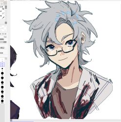 Rule 34 | 1boy, blood, blood on clothes, blue eyes, brown jacket, chinese commentary, closed mouth, commentary request, glasses, grey hair, jacket, kanou aogu, lab coat, looking at viewer, male focus, open clothes, painttool sai, painttool sai (medium), portrait, saibou shinkyoku, semi-rimless eyewear, short hair, smile, solo, songlajihuijia