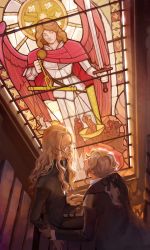 Rule 34 | 2boys, absurdres, bench, bible (object), blonde hair, cross, cross necklace, darnic prestone yggdmillennia, eye contact, facial hair, fate/apocrypha, fate (series), gan&#039;yugu, glasses, hand grab, highres, indoors, jewelry, long hair, long sleeves, looking at another, male focus, multiple boys, necklace, sitting, stained glass, vlad iii (fate/apocrypha), wavy hair, white hair, window, yellow eyes