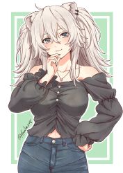 Rule 34 | 1girl, :3, absurdres, animal ears, bare shoulders, black shirt, blush, breasts, closed mouth, collarbone, cowboy shot, denim, fuusuke (fusuke208), grey eyes, hair between eyes, hand on own hip, hand on own cheek, hand on own face, highres, hololive, jeans, jewelry, lion ears, long hair, long sleeves, medium breasts, navel, necklace, off-shoulder shirt, off shoulder, pants, shirt, shishiro botan, sidelocks, silver hair, smile, solo, twintails, twitter username, two-tone background, virtual youtuber