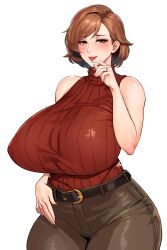 Rule 34 | 1girl, absurdres, blush, breasts, brown eyes, brown hair, curvy, highres, huge breasts, kisuu, looking at viewer, mature female, short hair, smile, solo, standing, thick thighs, thighs, white background, wide hips