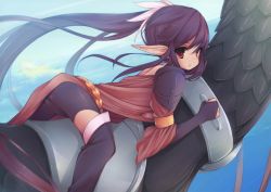 Rule 34 | 1girl, bad id, bad pixiv id, bike shorts, blue sky, boots, brown eyes, day, dragon, fingerless gloves, flying, gloves, highres, long hair, looking back, original, pointy ears, ponytail, purple hair, red eyes, riding, sky, solo, thigh boots, thighhighs, toh r, very long hair