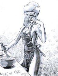 Rule 34 | 00s, 1girl, 2009, apron, bowl, breasts, cleavage, cooking, eggshell, licking finger, food, food on face, garththedestroyer, hat, highres, jewelry bonney, licking, long hair, messy, monochrome, naked apron, one piece, sideboob, signature, sketch, solo, tongue, wisp