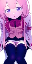 Rule 34 | 1girl, akashi rokurou, armband, black skirt, blazer, blush, bow, brown cardigan, cardigan, commentary, feet out of frame, highres, jacket, long hair, looking at viewer, nijisanji, open clothes, open jacket, parted lips, pink hair, plaid, plaid bow, plaid neckwear, purple eyes, simple background, sitting, skirt, solo, suo sango, thighhighs, virtual youtuber, white background, white jacket, zettai ryouiki