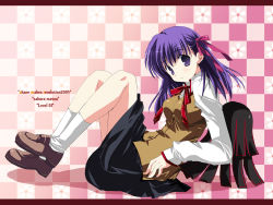 Rule 34 | 00s, 1girl, 2005, blue hair, character name, checkered background, fate/stay night, fate (series), floral background, grey eyes, hair ribbon, highres, ikegami akane, knees up, leaning back, looking at viewer, matou sakura, no pants, ribbon, skirt, solo, vest