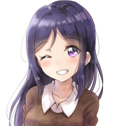 Rule 34 | 1girl, blue hair, blush, brown shirt, collarbone, collared shirt, commentary request, eyebrows hidden by hair, grin, hair down, long hair, looking at viewer, love live!, love live! sunshine!!, matsuura kanan, one eye closed, purple eyes, shirt, simple background, sin (sin52y), smile, solo, upper body, white background