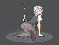 Rule 34 | 10s, 1girl, all fours, ass, assisted exposure, asymmetrical hair, bad id, bad pixiv id, black pantyhose, black skirt, blush, clothes lift, from behind, gloves, green eyes, hook, kantai collection, kuavera, long hair, looking back, lowres, nowaki (kancolle), panties, panties under pantyhose, pantyhose, pixel art, pleated skirt, school uniform, silver hair, skirt, skirt lift, solo, thighband pantyhose, twitter username, underwear, vest, white gloves, white panties