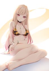 Rule 34 | 1girl, arm support, ass, barbell piercing, bare shoulders, barefoot, bead bracelet, beads, bikini, black bikini, black choker, blonde hair, bracelet, breasts, brown background, choker, cleavage, collarbone, ear piercing, earrings, feet, floral print, foot out of frame, gem, gradient hair, gyaru, highres, jewelry, kitagawa marin, lace, lace choker, large breasts, long hair, looking at viewer, multi-strapped bikini, multicolored hair, nail polish, necklace, on floor, panties, parted lips, piercing, pink nails, print bikini, red eyes, red hair, shadow, side-tie bikini bottom, side-tie panties, sidelocks, simple background, sitting, skindentation, smile, solo, sono bisque doll wa koi wo suru, string bikini, swept bangs, swimsuit, toenail polish, toenails, toes, two-tone background, two-tone hair, underwear, very long hair, white background, yoclesh