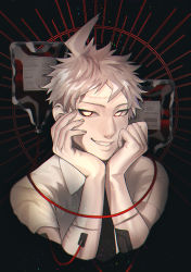 Rule 34 | 1boy, absurdres, ahoge, baru (bar 0405), black background, blood, blood bag, cable, commentary request, cropped shoulders, danganronpa (series), danganronpa 2: goodbye despair, grey hair, grin, hands on own cheeks, hands on own face, hands up, highres, hinata hajime, hinata hajime (awakened), looking at viewer, male focus, necktie, pale skin, red eyes, shirt, short hair, smile, solo, spoilers, white shirt