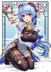 Rule 34 | absurdres, ahoge, arm under breasts, bare shoulders, bell, black gloves, black legwear, blue hair, blush, bodystocking, breasts, cleavage, covered navel, detached sleeves, embarrassed, ganyu (genshin impact), genshin impact, gloves, gold trim, hand on own chest, highres, horns, linreplica, long hair, looking at viewer, medium breasts, neck bell, no shoes, open mouth, purple eyes, seiza, sidelocks, sitting, solo, thighlet, torn clothes, torn legwear, white sleeves