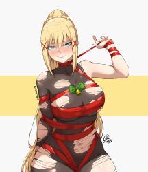 1girl blonde_hair blue_eyes bodystocking breasts darkness_(konosuba) hair_ornament highres jk_arts kono_subarashii_sekai_ni_shukufuku_wo! large_breasts long_hair navel ponytail red_ribbon ribbon solo torn_bodystocking torn_clothes x_hair_ornament