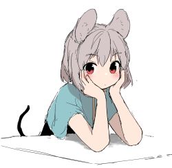 Rule 34 | 1girl, animal ears, blush, capelet, grey hair, hands on own cheeks, hands on own face, head rest, highres, kashiwa kona, looking at viewer, mouse ears, mouse tail, nazrin, one-hour drawing challenge, red eyes, shirt, short hair, short sleeves, sketch, solo, tail, touhou, upper body
