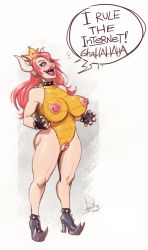 Rule 34 | 1girl, bowsette, breasts, devilhs, full body, highres, horns, large breasts, long hair, mario (series), new super mario bros. u deluxe, nintendo, nipple piercing, open mouth, piercing, pink hair, pointy ears, purple eyes, pussy, solo, standing, super mario bros. 1, tagme, uncensored
