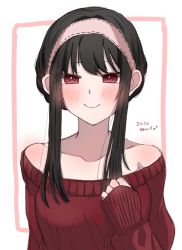 Rule 34 | 1girl, bare shoulders, black hair, blush, breasts, collarbone, hairband, highres, irukaneko, large breasts, looking at viewer, pink hairband, red eyes, red sweater, smile, solo, spy x family, sweater, yor briar