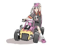 Rule 34 | 1girl, :3, alternate costume, animal print, arm up, black shirt, blunt bangs, blush stickers, cellphone, closed mouth, colored inner hair, commentary request, driving, full body, grey hair, holding, holding phone, koze niire, leg warmers, long hair, long shirt, looking up, makaino ririmu, motor vehicle, multicolored hair, nijisanji, one eye closed, phone, pink footwear, pink hair, print shirt, raccoon, selfie, shirt, short sleeves, simple background, smartphone, solo, two side up, v-shaped eyebrows, vehicle request, virtual youtuber, white background