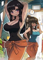 Rule 34 | !, 2girls, absurdres, arms up, black hair, black shirt, blue shirt, blush, breasts, brown hair, cleavage, collarbone, crossover, doki doki literature club, en&#039;en no shouboutai, fire extinguisher, firefighter, green eyes, hair ribbon, hand on own hip, highres, large breasts, lens flare, long hair, looking at viewer, maki oze, monika (doki doki literature club), multiple girls, open mouth, orange pants, pants, phone, plant, pole, ponytail, purple eyes, ribbon, shirt, sidelocks, smile, sparkle, speech bubble, spoken exclamation mark, spoken fire, standing, talking on phone, tank top, teeth, tony welt, white ribbon, wide hips