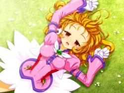 Rule 34 | 1990s (style), 1girl, arms up, breasts, brooch, brown eyes, brown hair, corrector yui, curly hair, from above, gloves, grass, jewelry, juliet sleeves, kasuga yui, long sleeves, lying, magical girl, obara gaun, pink shirt, puffy sleeves, shirt, short hair, skirt, solo, tears, white gloves, white skirt