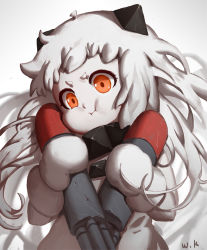 Rule 34 | 1girl, :i, abyssal ship, blurry, blurry background, child, closed mouth, commentary request, depth of field, dress, grey background, kantai collection, long hair, looking at viewer, mittens, northern ocean princess, orange eyes, pout, signature, solo, standing, torpedo, upper body, very long hair, waterkuma, white dress, white hair
