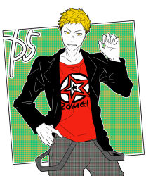 Rule 34 | 10s, 1boy, bad id, bad pixiv id, blazer, blonde hair, claw pose, clothes writing, green background, hand in pocket, hand on own hip, jacket, looking at viewer, male focus, outside border, pants, persona, persona 5, plaid, plaid pants, sakamoto ryuuji, school uniform, shirt, short hair, simple background, sketch, solo, square, t-shirt, takeya23, yellow eyes