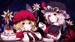 Rule 34 | 2girls, :o, alternate color, alternate costume, ascot, bare shoulders, bat wings, black ascot, black bow, black headwear, blush, bow, cake, commentary request, crystal, cup, dress, dress bow, fangs, flandre scarlet, flower, food, frilled bow, frilled sleeves, frills, fruit, hat, hat bow, highres, holding, holding cup, light purple hair, looking at viewer, mob cap, multiple girls, off-shoulder dress, off shoulder, open mouth, pointy ears, puffy short sleeves, puffy sleeves, red ascot, red bow, red eyes, red flower, red headwear, red ribbon, red rose, remilia scarlet, ribbon, rose, saucer, short sleeves, siblings, sisters, sitting, somei ooo, strawberry, tea, teacup, teeth, touhou, upper body, upper teeth only, whipped cream, wings, wrist cuffs, yellow eyes