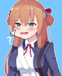 Rule 34 | 1girl, ?, absurdres, blouse, blue background, blue jacket, blush, breasts, brown hair, cursor, girls&#039; frontline, green eyes, hair between eyes, hair ribbon, hayarob, highres, jacket, long hair, open mouth, ribbon, shirt, simple background, solo, springfield (girls&#039; frontline), upper body, white shirt