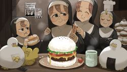 Rule 34 | 4girls, ^ ^, bird, blonde hair, blue eyes, brown eyes, brown hair, burger, cheese, chef hat, chicken, closed eyes, clumsy nun (diva), commentary, corn, diva (hyxpk), drooling, duck, duckling, eating, english commentary, food, froggy nun (diva), glasses, glasses nun (diva), habit, hat, highres, hungry nun (diva), little nuns (diva), mole, mole (animal), multiple girls, nervous smile, nori (seaweed), nun, poster (object), rice, round eyewear, smile, tomato, topknot, traditional nun