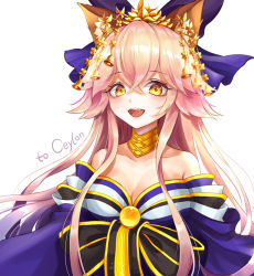 Rule 34 | 1girl, animal ear fluff, animal ears, aseris, bare shoulders, blue ribbon, breasts, cleavage, collarbone, crown, fang, fate/grand order, fate (series), fox ears, fox girl, hair ribbon, highres, japanese clothes, large breasts, long hair, looking at viewer, official alternate costume, open mouth, pink hair, ribbon, simple background, solo, tamamo (fate), tamamo no mae (fate/extra), tamamo no mae (third ascension) (fate), very long hair, white background, yellow eyes