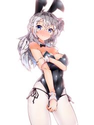 Rule 34 | 1girl, absurdres, animal ears, black bow, black bowtie, black leotard, blue eyes, bow, bowtie, breasts, contrapposto, cowboy shot, detached collar, fake animal ears, halkawa501, highres, kantai collection, leotard, long hair, looking at viewer, medium breasts, one side up, pantyhose, playboy bunny, rabbit ears, rabbit tail, silver hair, simple background, solo, standing, strapless, strapless leotard, suzutsuki (kancolle), tail, white background, white pantyhose, wrist cuffs