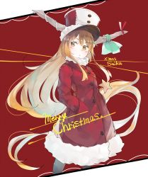 Rule 34 | 1girl, brown eyes, brown hair, character name, coat, cowboy shot, english text, fur-trimmed coat, fur trim, green ribbon, hand in pocket, hat, highres, horn ornament, horn ribbon, horns, ibuki suika, jewelry, long hair, long sleeves, merry christmas, necklace, o (crazyoton46), red background, red coat, red hat, ribbon, shako cap, solo, star (symbol), star necklace, touhou, winter clothes, winter coat