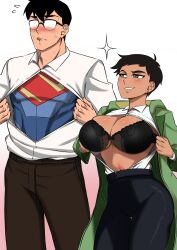 Rule 34 | 1boy, 1girl, absurdres, alternate breast size, belt, black belt, black bra, black hair, black pants, blue bodysuit, blush, bodysuit, bodysuit under clothes, bra, breasts, brown hair, brown pants, clark kent, cleavage, closed mouth, coat, commentary, dark-skinned female, dark skin, dc comics, dress shirt, earrings, embarrassed, english commentary, flashing, flying sweatdrops, glasses, gradient background, green coat, grin, hair between eyes, height difference, highres, hood, hood down, imitating, jewelry, lace, lace bra, large breasts, lips, lois lane, long coat, long sleeves, looking ahead, looking at another, looking to the side, midriff, muscular, muscular male, my adventures with superman, navel, nervous, nesz r, nose blush, opaque glasses, open clothes, open coat, open shirt, opened by self, over-rim eyewear, pants, parted bangs, pink background, rectangular eyewear, semi-rimless eyewear, shirt, short hair, side-by-side, skindentation, smile, smug, sparkle, stud earrings, superhero costume, superman, superman (series), superman logo, sweat, tan, teasing, thick eyebrows, thick neck, thigh gap, tomboy, underwear, very short hair, very sweaty, white background, white shirt