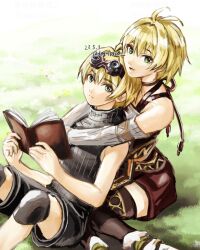 Rule 34 | 1boy, 1girl, blonde hair, book, detached sleeves, fiora (xenoblade), grass, green eyes, highres, holding, holding book, hug, hug from behind, ikki (degutaro ), looking at viewer, mother and son, nikol (xenoblade), open book, short hair, shorts, sitting, sleeveless, sleeveless turtleneck, thighhighs, time paradox, turtleneck, xenoblade chronicles (series), xenoblade chronicles 1, xenoblade chronicles 3, xenoblade chronicles 3: future redeemed