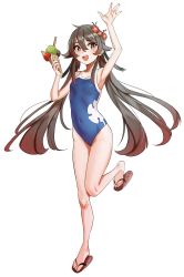 Rule 34 | 1girl, absurdres, armpits, blue one-piece swimsuit, blush, breasts, brown hair, flower, food, genshin impact, hair flower, hair ornament, highres, hu tao (genshin impact), ice cream, kiritzugu, long hair, looking at viewer, one-piece swimsuit, open mouth, red eyes, small breasts, smile, solo, swimsuit, symbol-shaped pupils, twintails, very long hair