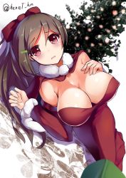 Rule 34 | 10s, 1girl, bad id, bad pixiv id, breasts, brown hair, henet hene, kantai collection, large breasts, long hair, looking at viewer, mamiya (kancolle), ponytail, red eyes, santa costume, solo, twitter username