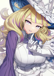 Rule 34 | 1girl, blonde hair, breasts, diabellze the original sinkeeper, dress, duel monster, eye of horus, gloves, hat, highres, large breasts, lipstick, long hair, makeup, multicolored hair, open mouth, purple hair, smile, solo, streaked hair, tsukinami kousuke, white hat, witch hat, yu-gi-oh!