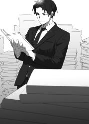 Rule 34 | 1boy, black hair, book, highres, library of ruina, monochrome, necktie, project moon, reading, roland (project moon), solo
