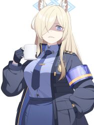 Rule 34 | 1girl, animal ears, armband, black gloves, blonde hair, blue archive, blue eyes, blue necktie, blue shirt, child (isoliya), clenched teeth, coffee mug, commentary, cup, gloves, hair over one eye, halo, hand in own hair, hand in pocket, highres, holding, holding cup, kanna (blue archive), looking at viewer, mug, necktie, police, police uniform, policewoman, sharp teeth, shirt, simple background, solo, symbol-only commentary, teeth, uniform, white background