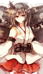 Rule 34 | 10s, 1girl, bare shoulders, black hair, cannon, commentary request, detached sleeves, frown, hair between eyes, hair ornament, headgear, japanese clothes, kantai collection, kinona, looking at viewer, machinery, miniskirt, nontraditional miko, obi, red eyes, red skirt, sash, short hair, sketch, skirt, solo, turret, wide sleeves, yamashiro (kancolle)