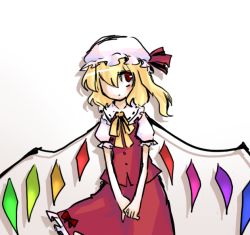 Rule 34 | 1girl, blonde hair, bow (pixiv), buttons, female focus, flandre scarlet, frilled shirt collar, frilled skirt, frills, hair over one eye, hat, mob cap, neck ribbon, no nose, own hands together, red eyes, red skirt, red vest, ribbon, shadow, short hair, short sleeves, side ponytail, simple background, skirt, solo, touhou, vest, white hat, wings, yellow ribbon