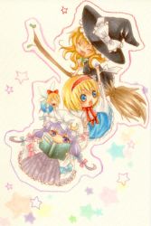 Rule 34 | 3girls, alice margatroid, apron, blonde hair, blue dress, book, broom, broom riding, capelet, chibi, crescent, dress, female focus, grimoire, hairband, hat, jitome, kirisame marisa, long hair, long sleeves, looking at viewer, mob cap, multiple girls, open book, patchouli knowledge, purple dress, purple eyes, purple hair, reading, shanghai doll, shiratama (mofutto), short hair, touhou, very long hair, waist apron, witch hat