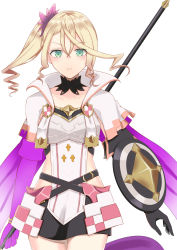 Rule 34 | 1girl, absurdres, alisha diphda, bad id, bad pixiv id, belt, blonde hair, choker, elbow gloves, expressionless, gloves, green eyes, hair between eyes, hair ornament, highres, looking at viewer, polearm, shield, shinnfonia, side ponytail, skirt, solo, spear, tales of (series), tales of zestiria, weapon, white background