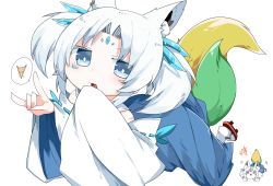 Rule 34 | 1girl, animal ear fluff, animal ears, blue eyes, blue hakama, commentary request, detached sleeves, earrings, fox ears, fox girl, fox shadow puppet, hakama, highres, hololive, japanese clothes, jewelry, kimono, looking at viewer, mafuri, open mouth, parted bangs, personification, simple background, sukonbu (shirakami fubuki), two side up, virtual youtuber, white background, white hair, white kimono