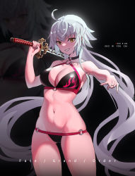 Rule 34 | 1girl, absurdres, ahoge, artist name, bikini, black bikini, black choker, breasts, cameltoe, choker, contrapposto, cowboy shot, ctrl+z, dated, fate/grand order, fate (series), grin, hair between eyes, halterneck, halterneck, highres, holding, holding sword, holding weapon, jeanne d&#039;arc alter (swimsuit berserker) (fate), jeanne d&#039;arc (fate), jeanne d&#039;arc alter (fate), jeanne d&#039;arc alter (swimsuit berserker) (fate), katana, large breasts, long hair, looking at viewer, navel, o-ring, o-ring bikini, over shoulder, pointing, pointing at viewer, smile, solo, stomach, swimsuit, sword, sword over shoulder, v-shaped eyebrows, very long hair, weapon, weapon over shoulder, white hair, yellow eyes, zoom layer