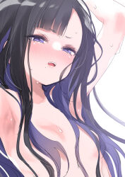 Rule 34 | 1girl, asymmetrical bangs, black hair, blush, breasts, collared leotard, colored inner hair, eunhwa (nikke), forehead, fummy, goddess of victory: nikke, hair over breasts, highres, long hair, mole, mole under mouth, multicolored hair, nude, parted lips, purple eyes, purple hair, small breasts, solo, sweat