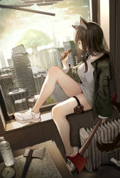Rule 34 | 1girl, absurdres, air conditioner, animal ears, axe, bag, bare legs, bottle, breasts, brown hair, building, bus, candy, chocolate, chocolate bar, commentary request, compass, dampi, duffel bag, fire axe, food, green jacket, hatchet (axe), highres, holding, holding axe, holding chocolate, holding food, holster, jacket, korean commentary, large breasts, long hair, long legs, looking outside, map, motor vehicle, no legwear, no socks, original, post-apocalypse, shirt, shoes, sitting, sneakers, solo, sunlight, sweater, table, tail, thigh holster, thighs, tower, tree, water bottle, white footwear, white shirt, white sweater, window, yellow eyes