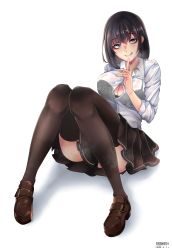 Rule 34 | 1girl, :q, absurdres, ass, black bra, black eyes, black hair, black skirt, black thighhighs, bra, bra visible through clothes, breasts, brown footwear, button gap, cleavage, closed mouth, collared shirt, dated, dress shirt, ear piercing, full body, highres, knees together feet apart, kuraken, large breasts, long sleeves, looking at viewer, miniskirt, original, piercing, pleated skirt, saliva, saliva trail, school uniform, see-through, shirt, short hair, sitting, skirt, smile, solo, thighhighs, tongue, tongue out, underwear, wet, wet clothes, white shirt