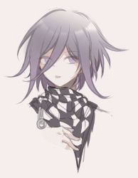 Rule 34 | 1boy, black scarf, checkered clothes, checkered neckwear, checkered scarf, commentary request, cropped shoulders, danganronpa (series), danganronpa v3: killing harmony, grey background, hair between eyes, looking at viewer, male focus, oma kokichi, purple eyes, purple hair, qiao xing, scarf, short hair, simple background, sketch, solo, tongue, tongue out, upper body, white scarf