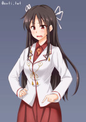 Rule 34 | 1girl, anti (untea9), blush, collared shirt, commentary request, cowboy shot, hair ribbon, hand on own hip, highres, hiyou (kancolle), jacket, kantai collection, long hair, long sleeves, looking away, looking down, magatama, pointing, pointing down, purple background, red eyes, red shirt, red skirt, ribbon, shirt, sidelocks, simple background, skirt, solo, straight hair, sweatdrop, tassel, twitter username, v-shaped eyebrows, very long hair, white jacket, white ribbon, wing collar, yellow ribbon
