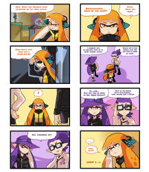 Rule 34 | !, 1boy, 2girls, 4koma, adjusting eyewear, arrow (projectile), blue hair, brother and sister, brown eyes, bucket hat, buttons, character name, comic, english text, from above, glasses, gomipomi, hat, inkling, inkling boy, inkling girl, inkling player character, long hair, looking at another, multiple girls, nintendo, open mouth, pointy ears, ponytail, safari hat, shoes, siblings, sneakers, splatoon (series), splatoon 1, spoken exclamation mark, squidbeak splatoon, tentacle hair