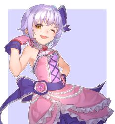 Rule 34 | 1girl, blush, bow, breasts, brown eyes, dress, frilled dress, frills, gloves, hair bow, hand on own hip, highres, idolmaster, idolmaster cinderella girls, koshimizu sachiko, looking at viewer, one eye closed, open mouth, pink dress, pink gloves, purple bow, purple hair, sho bu 1116, short hair, simple background, sleeveless, sleeveless dress, small breasts, solo, two-tone background