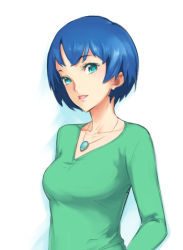 Rule 34 | 10s, 1girl, aged up, ano natsu de matteru, aqua eyes, bad id, bad pixiv id, blue hair, jewelry, kick-to-rip, looking at viewer, necklace, open mouth, short hair, simple background, solo, tanigawa kanna, v-neck, white background